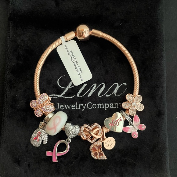 Linx Rose Gold Snake Chain Bracelet with Breast Cancer Awareness Themed Charms